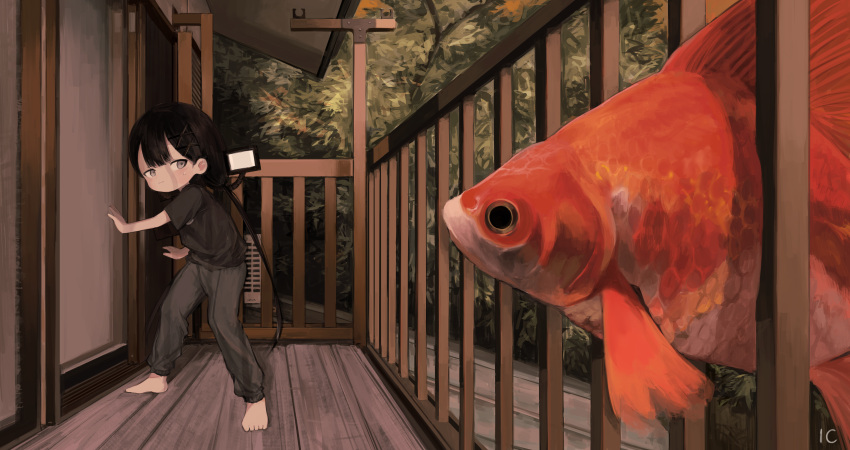1girl absurdres animal barefoot black_hair black_shirt black_t-shirt child door fish goldfish grey_eyes hair_ornament highres ic_(iccccccccc81) looking_back low_twintails original oversized_animal pants porch railing shirt short_sleeves solo standing sweatdrop sweatpants t-shirt twintails x_hair_ornament