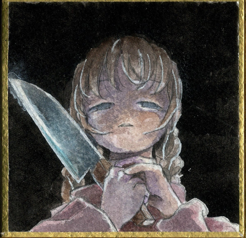 1girl black_background braid brown_hair gold_border grey_eyes half-closed_eyes hands_up holding holding_knife kitchen_knife knife koto_(patina375887) light_frown long_hair looking_at_viewer low_twin_braids madotsuki no_pupils own_hands_together painting_(medium) parted_lips photo-referenced photo_(medium) pink_sweater shikishi solo sweater traditional_media turtleneck turtleneck_sweater twin_braids unusually_open_eyes watercolor_(medium) yume_nikki