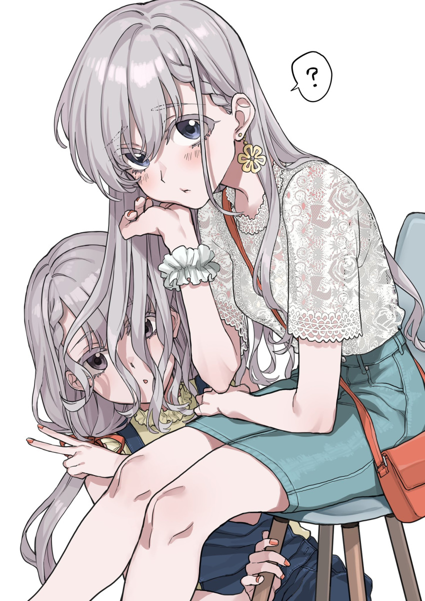2girls :o ? bag behind_another blue_overalls blue_skin blush braid colored_skin denim denim_skirt earrings feet_out_of_frame flower_earrings from_side grey_eyes grey_hair hand_on_own_chin head_rest highres hisakawa_hayate hisakawa_nagi idolmaster idolmaster_cinderella_girls jewelry lace-trimmed_shirt lace_trim leaning_forward long_hair looking_at_viewer multiple_girls namiko817 on_chair orange_nails overalls shirt shirt_tucked_in short_sleeves shoulder_bag siblings side_braid sisters sitting skirt spoken_question_mark squatting v white_shirt yellow_shirt