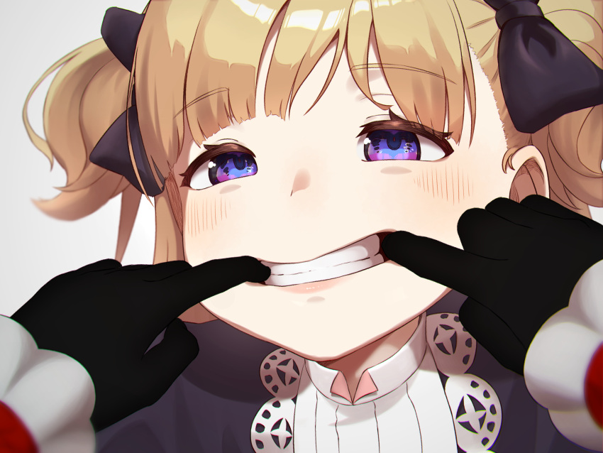 2girls absurdres black_bow blonde_hair blue_dress blue_eyes bow center_frills close-up collared_dress commentary dress emilico_(shadows_house) female_pov finger_in_another's_mouth fingersmile frilled_sleeves frills grey_background grin hair_bow highres kate_(shadows_house) light_blush long_sleeves looking_at_viewer mouth_focus multiple_girls narrowed_eyes pov pov_hands shadow_(shadows_house) shadows_house shoga_0226 simple_background smile solo_focus teeth two_side_up upper_body