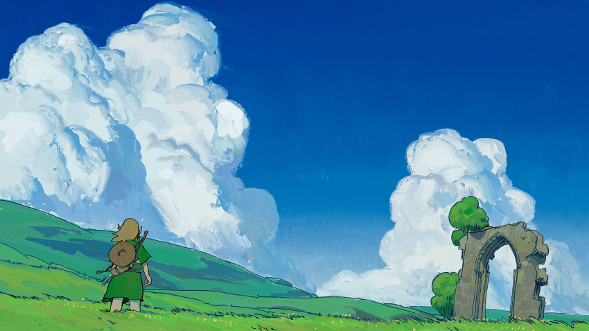 1boy abandoned alariko arch arm_at_side blonde_hair blue_sky bow_(weapon) clouds day facing_away field floating_hair from_behind grass green_tunic highres link long_hair male_focus outdoors overgrown pants pointy_ears quiver scenery shield shield_on_back sky solo standing the_legend_of_zelda weapon weapon_on_back white_pants wide_shot wind