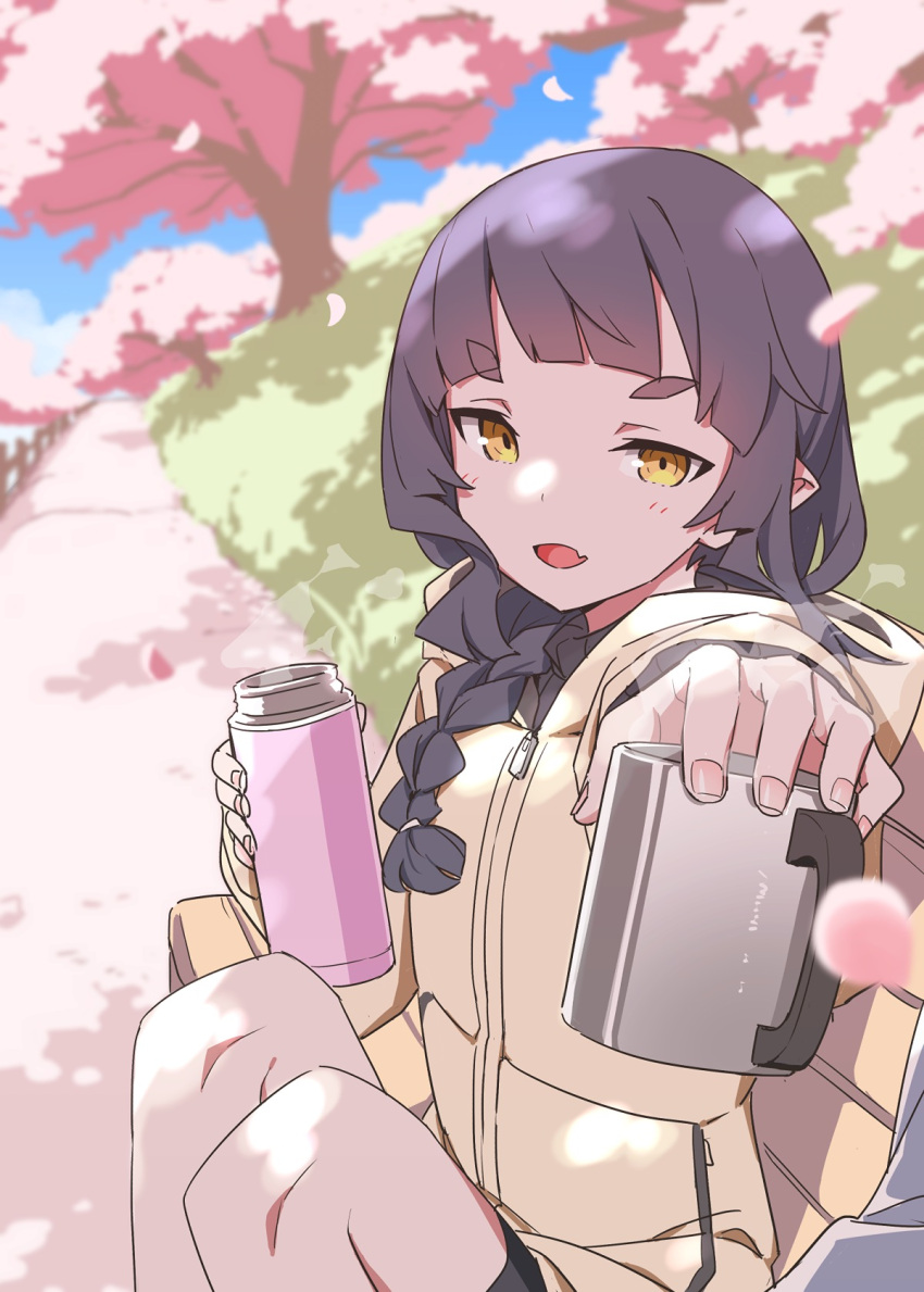 1girl akari_(raigou) black_hair braid cherry_blossoms cherry_tree commentary cup elf hanami highres holding holding_cup holding_thermos hood hooded_jacket jacket long_hair mug open_mouth original outdoors pointy_ears raigou shorts solo symbol-only_commentary thermos thick_eyebrows yellow_eyes yellow_jacket