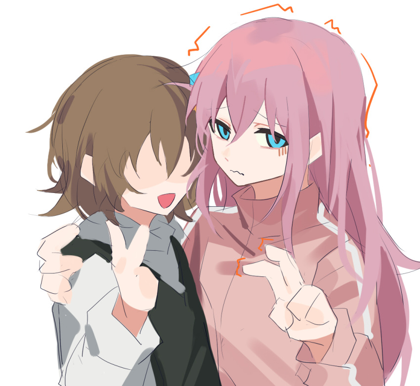 2girls blue_eyes bocchi_the_rock! brown_hair commentary_request cube_hair_ornament fan_2-gou gotoh_hitori hair_ornament hand_on_another's_shoulder hood hoodie jacket long_sleeves looking_at_viewer multiple_girls open_mouth pink_jacket shirt simple_background smile track_jacket trembling upper_body v white_background white_hoodie xmyishipi
