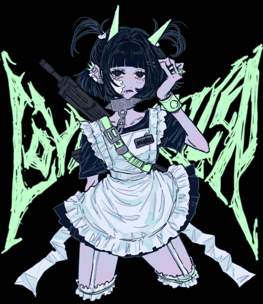 1girl absurdres apron aqua_horns arm_behind_back black_background black_dress black_eyes black_hair blunt_bangs bracelet chain closed_mouth collar collarbone dress earrings eyelashes garter_straps gun hair_intakes hand_up highres horns jewelry maid_apron mouth_piercing multiple_earrings multiple_rings original ring short_hair short_sleeves solo spiked_bracelet spiked_collar spiked_ring spikes two_side_up weapon white_apron yosh1to