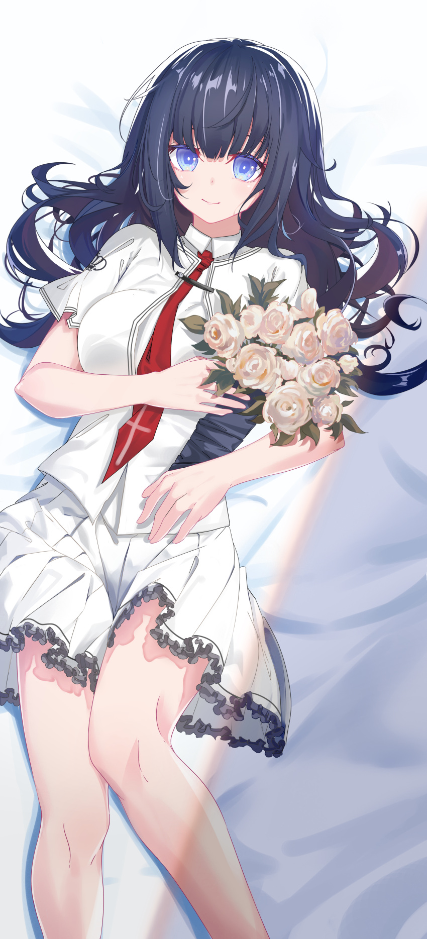 1542_700 1girl \||/ absurdres arm_under_breasts bed_sheet black_hair blue_eyes blunt_bangs bouquet breasts bright_pupils closed_mouth collared_shirt colored_eyelashes commentary_request cross_print eyebrows_hidden_by_hair feet_out_of_frame flower frilled_skirt frills hair_spread_out hand_up highres holding holding_bouquet knees_together_feet_apart large_breasts light_blush long_hair looking_at_viewer lying miniskirt necktie on_back pleated_skirt print_necktie red_necktie rose school_uniform shirt skirt smile solo subarashiki_hibi takashima_zakuro white_flower white_pupils white_rose white_shirt white_skirt