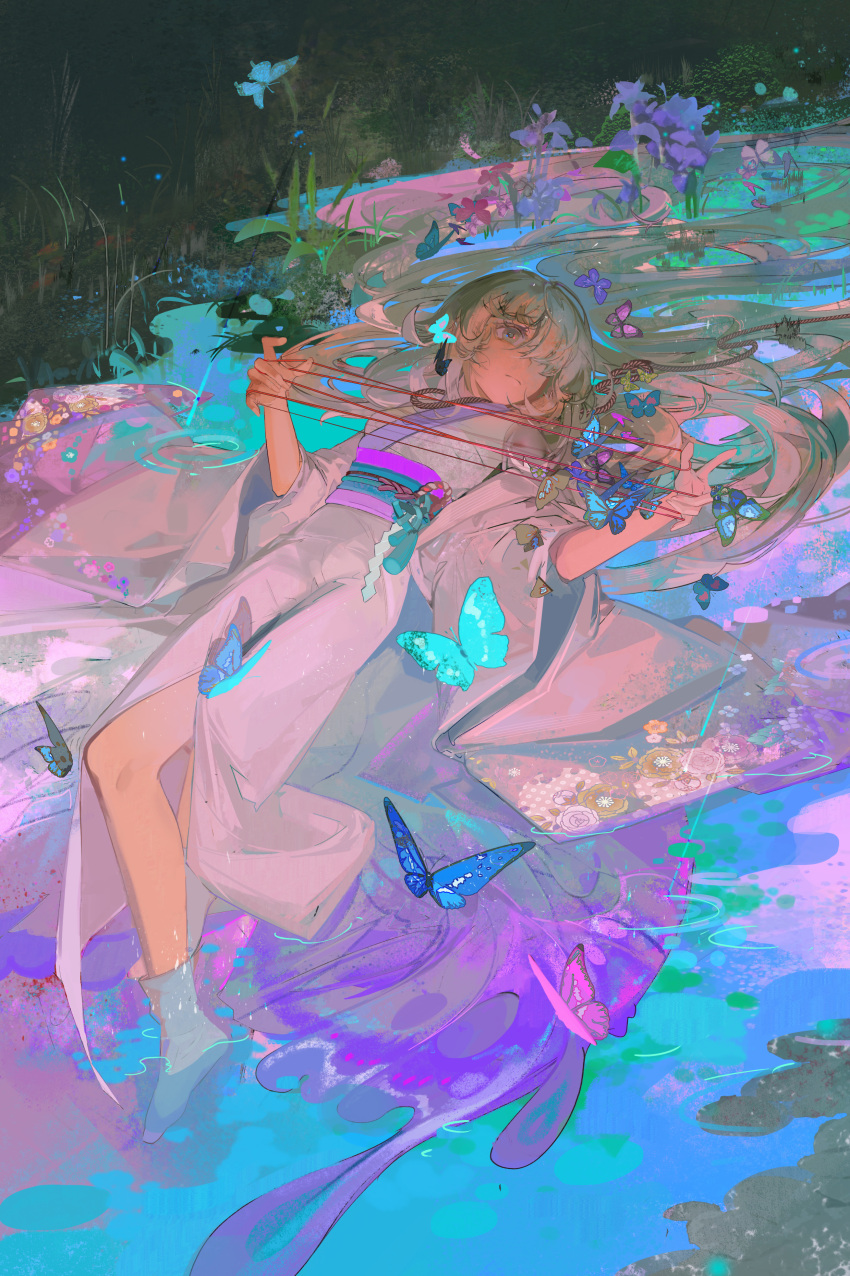 1girl absurdres barefoot blonde_hair blue_butterfly blue_eyes blunt_bangs bug butterfly character_request chinese_commentary closed_mouth commentary_request copyright_request eyelashes feet floral_print flower frown full_body grass hair_over_one_eye hair_spread_out highres japanese_clothes kimono knees long_hair long_sleeves looking_at_viewer loose_hair_strand lying lying_on_water night obi on_back outdoors palms pink_butterfly purple_butterfly purple_flower purple_sash ripples sash shide solo stream string_around_finger tassel white_kimono wide_sleeves xixun yukata