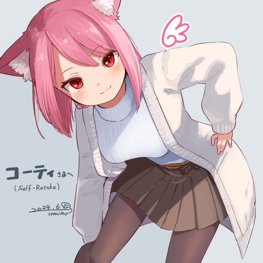 1girl animal_ear_fluff animal_ears black_pantyhose brown_skirt cat_ears closed_mouth dated grey_background hand_on_own_hip highres jacket leaning_forward long_sleeves open_clothes open_jacket original pantyhose pink_hair red_eyes simple_background skirt smile solo sweater umino_hotate white_sweater