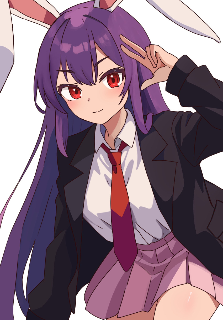 1girl black_jacket blazer blush closed_mouth collared_shirt commentary_request cowboy_shot highres jacket kv-san long_hair long_sleeves necktie open_clothes open_jacket pink_skirt pleated_skirt purple_hair red_eyes red_necktie reisen_udongein_inaba shirt simple_background skirt smile solo touhou v very_long_hair white_background white_shirt