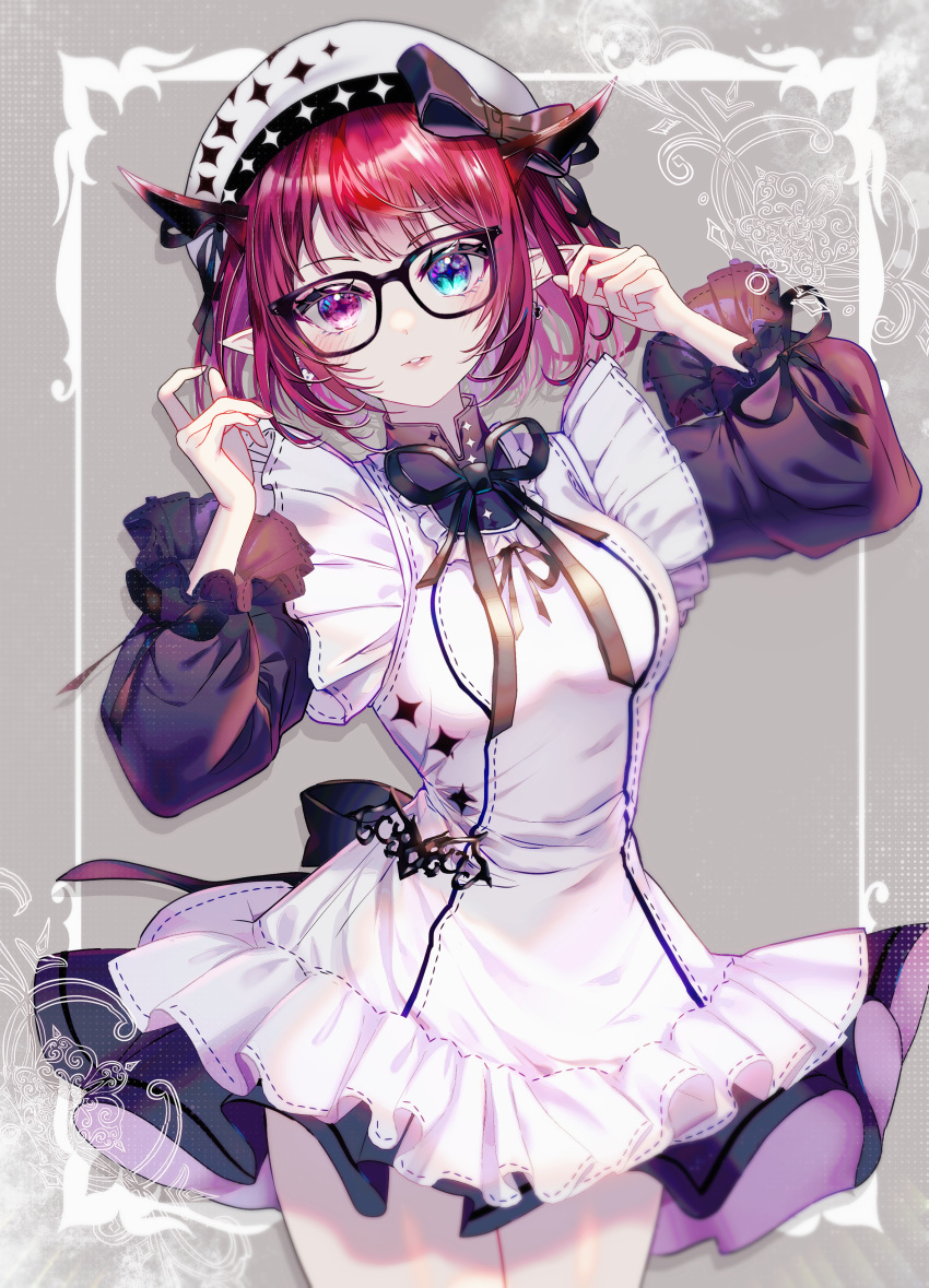 1girl absurdres alternate_costume beret bespectacled black-framed_eyewear black_dress blue_eyes collared_shirt commentary cross-shaped_pupils dress earrings english_commentary frilled_dress frills glasses hands_up hat heterochromia highres hololive hololive_english horns irys_(hololive) jewelry juliet_sleeves layered_dress lolita_fashion long_sleeves looking_at_viewer official_alternate_hair_length official_alternate_hairstyle parted_lips pinafore_dress pink_eyes pointy_ears puffy_sleeves redhead shirt sleeveless sleeveless_dress solo sowon symbol-shaped_pupils virtual_youtuber white_dress white_hat