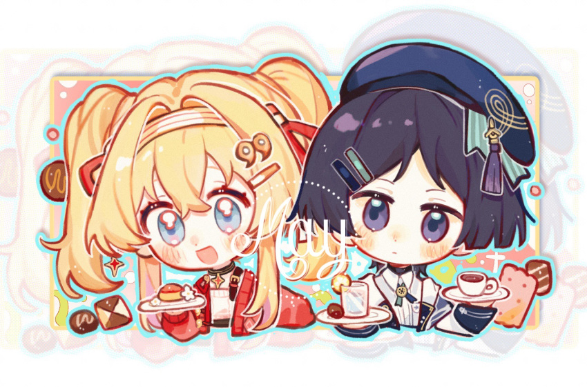 1boy 1girl 6753951969 artist_self-insert blonde_hair blue_eyes blue_hat chibi chinese_commentary chocolate coffee coffee_mug commentary_request commission commissioner_upload couple cup food genshin_impact hair_between_eyes hair_ornament hairclip hat headband holding holding_plate kuyo_mizuki_(675391969) long_hair looking_at_viewer mug open_mouth original plate purple_hair scaramouche_(genshin_impact) short_hair twintails violet_eyes wagashi wanderer_(genshin_impact)