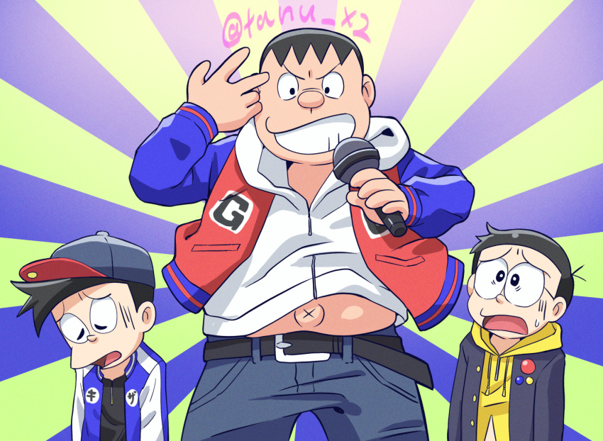 3boys antenna_hair artist_name baseball_cap belt black_hair blue_background buster_bros!!! closed_eyes cosplay doraemon emphasis_lines frown gloom_(expression) gouda_takeshi green_background grin hat holding holding_microphone honekawa_suneo hypnosis_microphone jacket letterman_jacket long_sleeves looking_at_another male_focus microphone multiple_boys navel_peek nervous_sweating nobi_nobita open_mouth outie_navel parody smile sweat sweatdrop turn_pale two-tone_background user_rgym2327 voice_actor_connection yamada_ichiro yamada_ichiro_(cosplay) yamada_jiro yamada_jiro_(cosplay) yamada_saburo yamada_saburo_(cosplay)