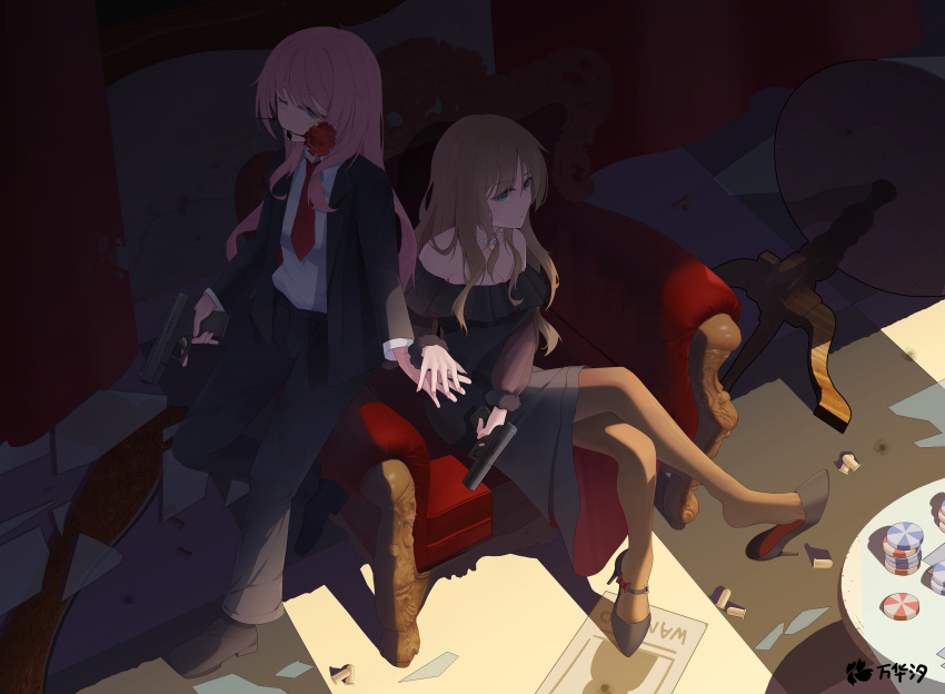 2girls absurdres armchair bang_dream! bang_dream!_it's_mygo!!!!! black_dress black_footwear black_jacket black_pants black_pantyhose blue_eyes broken_glass brown_hair chair chihaya_anon closed_mouth commentary_request dress flower flower_in_mouth glass gun handgun high_heels highres holding holding_gun holding_hands holding_weapon indoors jacket jewelry lamp long_hair multiple_girls nagasaki_soyo necklace necktie off-shoulder_dress off_shoulder one_eye_closed pants pantyhose pink_hair poker_chip poster_(object) red_flower red_necktie red_rose rose shade shell_casing shirt sitting suit_jacket wan_huaxi wanted weapon white_shirt