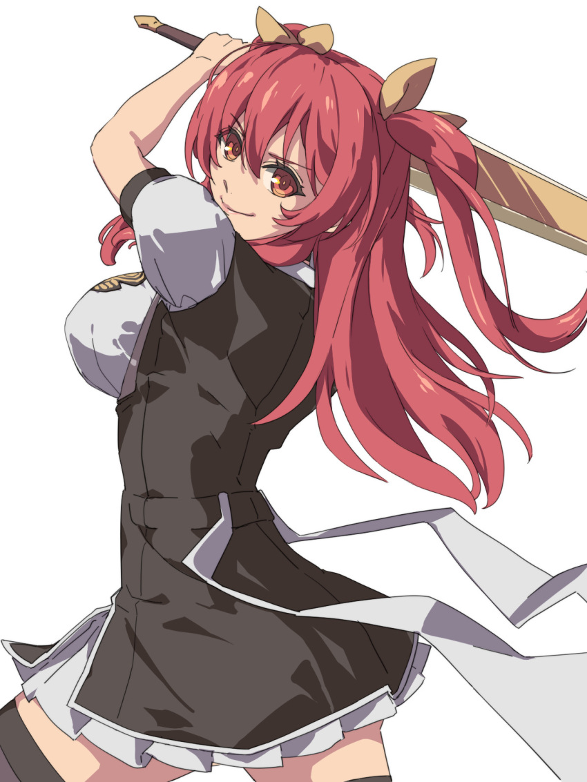 1girl black_thighhighs bow breasts chiharu_(9654784) double-parted_bangs floating_hair from_side hair_between_eyes hair_bow highres holding holding_sword holding_weapon huge_weapon jacket large_breasts long_hair looking_at_viewer rakudai_kishi_no_cavalry red_eyes redhead school_uniform sidelocks simple_background skirt smile solo stella_vermillion sword thigh-highs twintails uniform upper_body weapon white_background