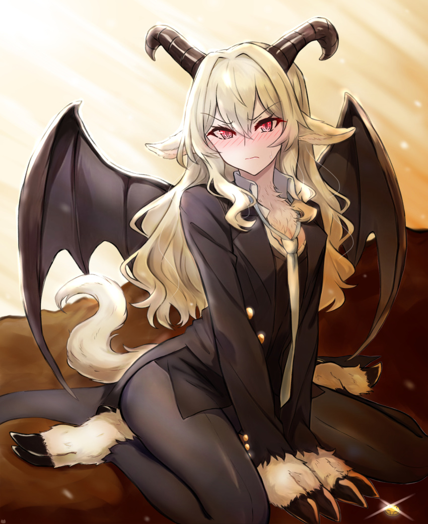 1girl animal_ears barefoot black_horns black_jacket black_pants black_suit black_vest black_wings blonde_hair blush body_fur brown_background chibinekopan closed_mouth collared_shirt commentary_request demon_girl demon_horns demon_wings glint goat_ears goat_tail gradient_background hair_between_eyes hair_intakes highres hooves horns jacket kemonomimi_mode knees_out_of_frame long_hair looking_at_viewer loose_necktie necktie nose_blush official_alternate_costume open_clothes open_jacket pant_suit pants partially_unbuttoned red_eyes saijou_claudine shirt shoujo_kageki_revue_starlight sidelocks sitting solo suit sunlight sweatdrop torn_clothes torn_necktie torn_shirt v-shaped_eyebrows v_arms vest wariza wavy_hair wavy_mouth white_necktie white_shirt wings