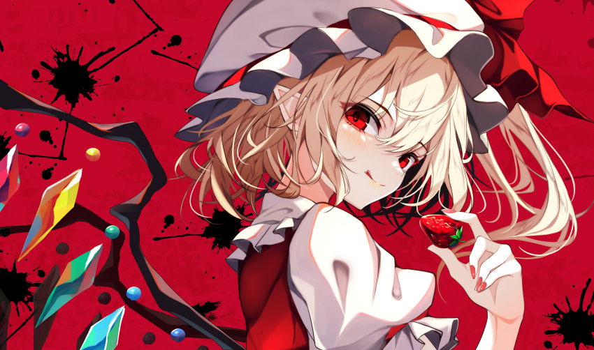 1girl :q absurdres blonde_hair blush bright_pupils close-up closed_mouth commentary crystal eyelashes flandre_scarlet floating_hair food from_side fruit hair_between_eyes hand_up hat highres holding holding_food holding_fruit licking_lips looking_at_viewer medium_hair mob_cap nail_polish pointy_ears puffy_short_sleeves puffy_sleeves red_background red_eyes red_nails short_sleeves simple_background smile solo split_mouth strawberry tongue tongue_out touhou tsurime white_hat wings yamanakaume