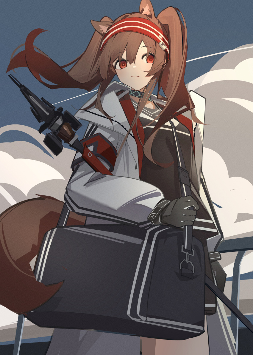 1girl :| absurdres angelina_(arknights) animal_ears arknights bag black_bag black_collar black_gloves black_shirt bright_pupils brown_hair chichi_guai closed_mouth clouds cloudy_sky coat collar duffel_bag earpiece film_grain fox_ears fox_girl gloves hairband highres holding holding_staff infection_monitor_(arknights) jacket long_hair long_sleeves material_growth no_nose open_clothes open_coat oripathy_lesion_(arknights) red_eyes red_hairband shirt sky smile solo staff striped_clothes striped_hairband twintails two-tone_hairband unzipped white_coat white_pupils