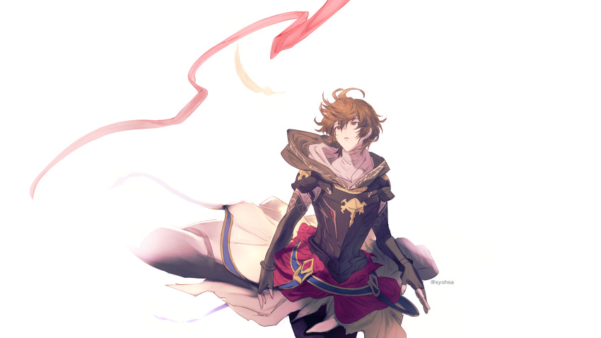 absurdres ahoge armor arms_at_sides breastplate brown_hair cape commentary commentary_request cowboy_shot falling_feathers feathers fingerless_gloves gloves granblue_fantasy hair_between_eyes highres hood hood_down looking_up matsuya_(pile) messy_hair parted_lips red_ribbon ribbon sandalphon_(granblue_fantasy) short_hair signature turtleneck white_background white_cape