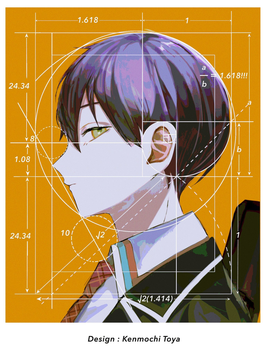 1boy argyle_clothes argyle_necktie azuma_kurumi black_jacket blazer border character_name closed_mouth collared_shirt dotted_line expressionless from_side geometry golden_spiral green_eyes highres jacket kenmochi_touya kenmochi_touya_(1st_costume) looking_at_viewer looking_to_the_side male_focus measurements necktie nijisanji open_clothes open_jacket orange_background portrait profile purple_hair red_necktie shirt short_hair simple_background solo white_border white_shirt