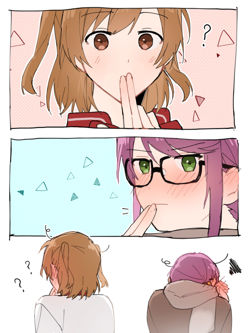 2girls ? aijou_karen blush brown_eyes brown_hair brown_shirt closed_mouth commentary ear_blush english_commentary finger_kiss finger_to_another's_mouth finger_to_mouth glasses green_eyes grey_scarf haruka_3442 highres hoshimi_junna long_hair multiple_girls purple_hair scarf shirt shoujo_kageki_revue_starlight squiggle triangle two_side_up white_shirt yuri