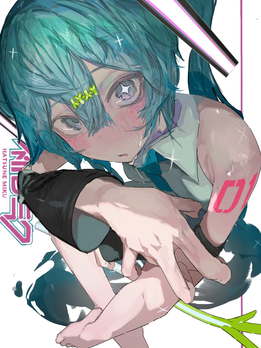 1girl absurdres arm_tattoo armpit_crease barefoot black_sleeves blush character_name collared_shirt commentary crossed_bangs curled_fingers detached_sleeves double-parted_bangs food-themed_hair_ornament from_above gaku green_eyes green_hair grey_shirt hair_between_eyes hair_ornament hatsune_miku highres long_bangs long_hair looking_at_viewer looking_up miku_day number_tattoo parted_lips shirt sleeveless sleeveless_shirt solo sparkle spring_onion spring_onion_hair_ornament sweat tattoo twintails vocaloid
