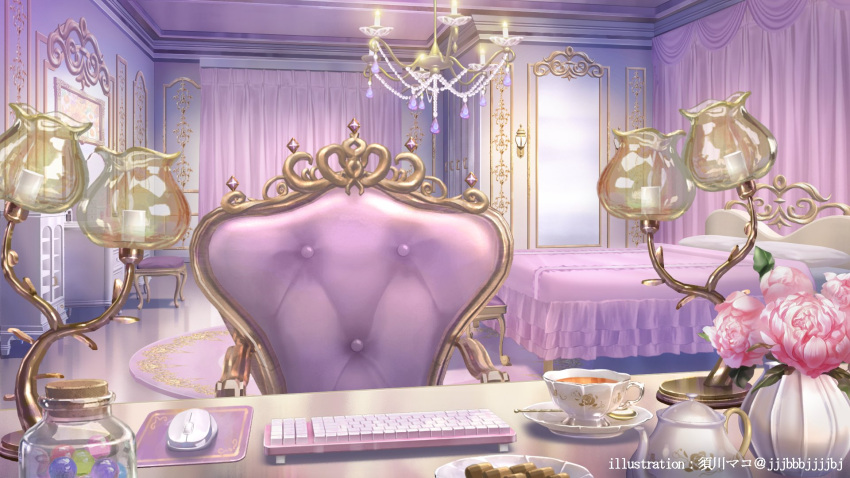 armchair artist_name bed bedroom blanket cabinet candy candy_jar chair chandelier checkerboard_cookie cookie cup curtains flower food highres himeno_aimu indie_virtual_youtuber indoors jar keyboard_(computer) lamp mouse_(computer) muntins no_humans official_art pillow pink_flower pink_rose plate rose rug saucer scenery stool sugawa_mako table tea teacup teapot teaspoon vanity_table vase wall_lamp window