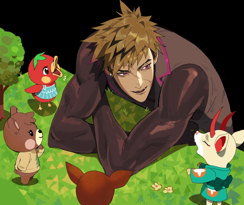 1boy animal_crossing arm_support bear_girl bird black_background black_hair blonde_hair closed_eyes collared_jacket deer_girl duck earrings eyeliner fangs fauna_(animal_crossing) flower hand_on_own_chin highres horns jacket japanese_clothes jewelry ketchup_(animal_crossing) kimono looking_at_another makeup maple_(animal_crossing) mismatched_earrings multicolored_hair multiple_girls nijisanji nijisanji_en pink_eyes sash scar scar_on_cheek scar_on_face scar_on_forehead scar_on_nose screetuber shadow shino_(animal_crossing) size_difference stud_earrings talking tree vantacrow_bringer virtual_youtuber