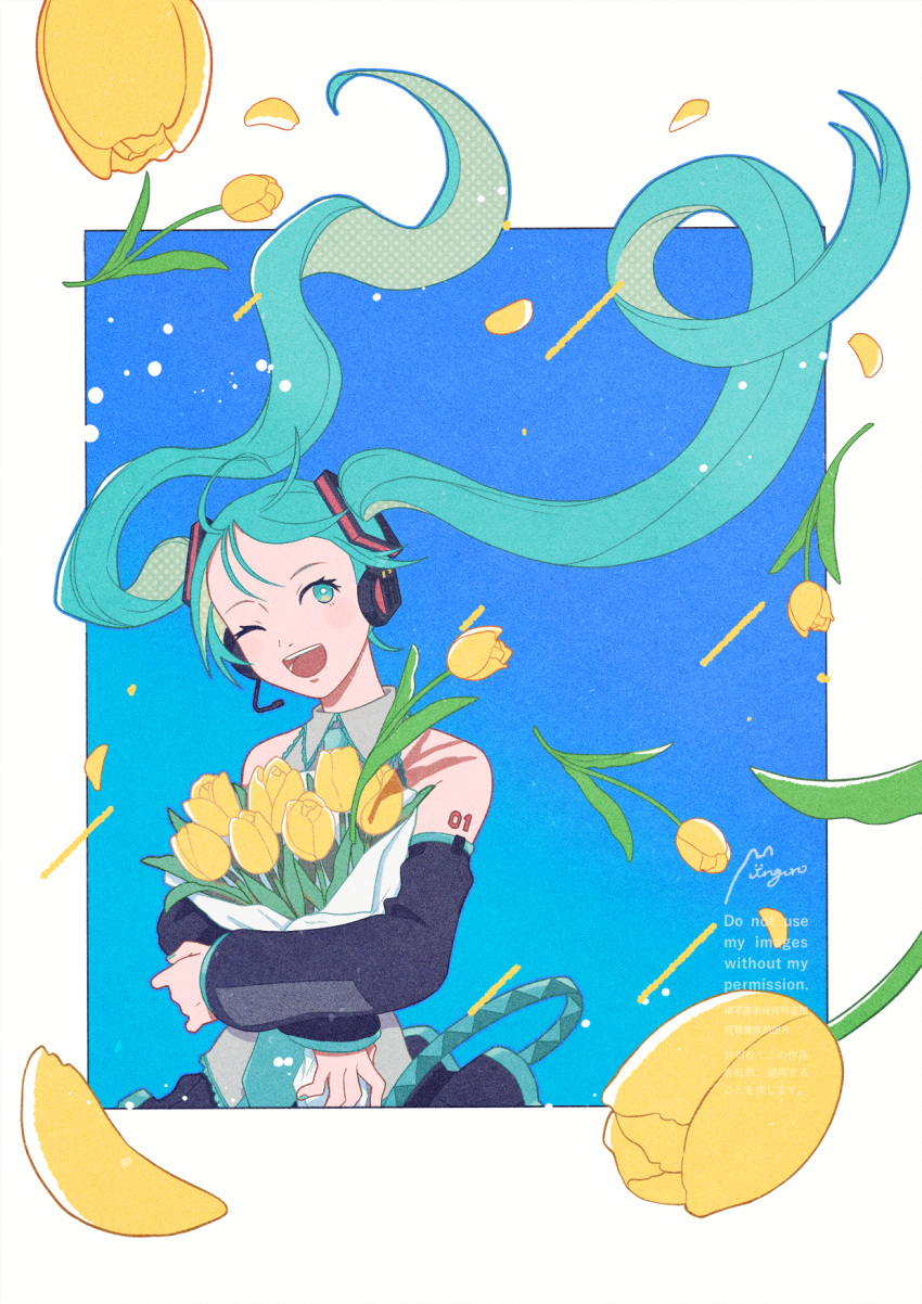 1girl aqua_eyes aqua_hair aqua_necktie bare_shoulders bouquet detached_sleeves flower grey_shirt hair_floating_upwards hair_ornament hatsune_miku headphones highres holding holding_bouquet junngoro long_hair miku_day necktie number_tattoo one_eye_closed open_mouth shirt skirt smile solo tattoo teeth thigh-highs tulip twintails upper_teeth_only very_long_hair vocaloid