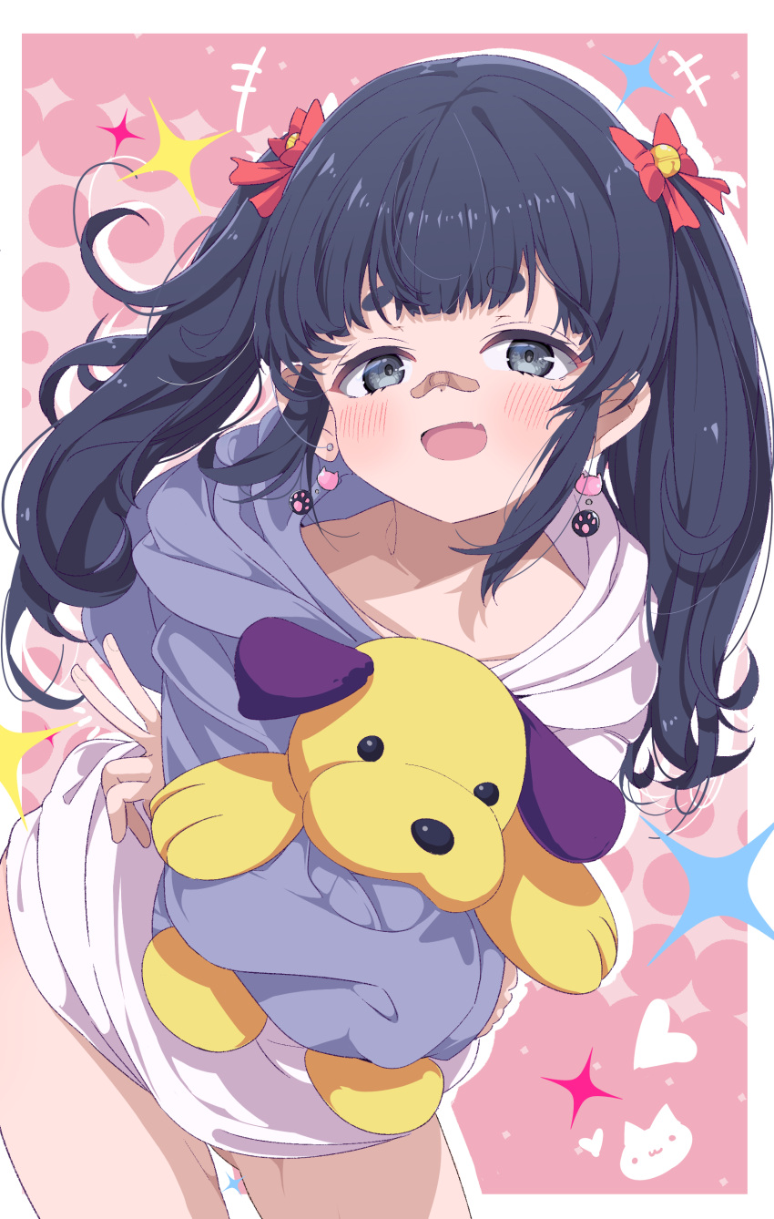 1girl absurdres bandaid black_hair blush collarbone commission dog earrings grey_eyes hair_ornament hairclip highres holding holding_toy hood hoodie jewelry long_hair looking_at_viewer open_mouth original shiro9jira skeb_commission solo star_(symbol) toy twintails v virtual_youtuber
