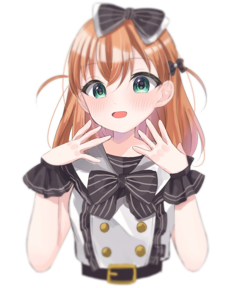 1girl :d aqua_eyes black_bow black_wrist_cuffs blurry blush bow commentary_request cropped_torso crossed_bangs depth_of_field frilled_cuffs hair_bow hands_up highres hinoshita_kaho link!_like!_love_live! looking_at_viewer love_live! medium_hair mi0907_mi open_mouth orange_hair shirt simple_background smile solo two_side_up upper_body virtual_youtuber white_background white_shirt wrist_cuffs yunokuni_girls!_(love_live!)