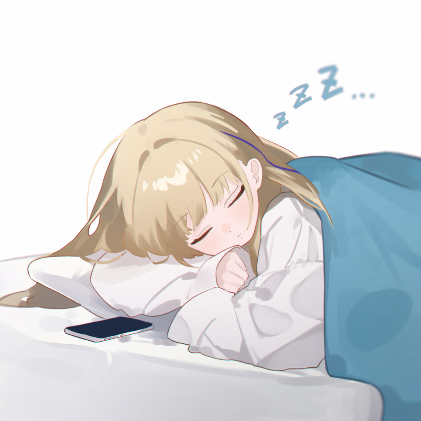 1girl absurdres bed_sheet blonde_hair blue_archive cellphone closed_eyes eco_376124 highres lying on_side phone pillow shirt sleeping solo toki_(blue_archive) under_covers white_shirt zzz