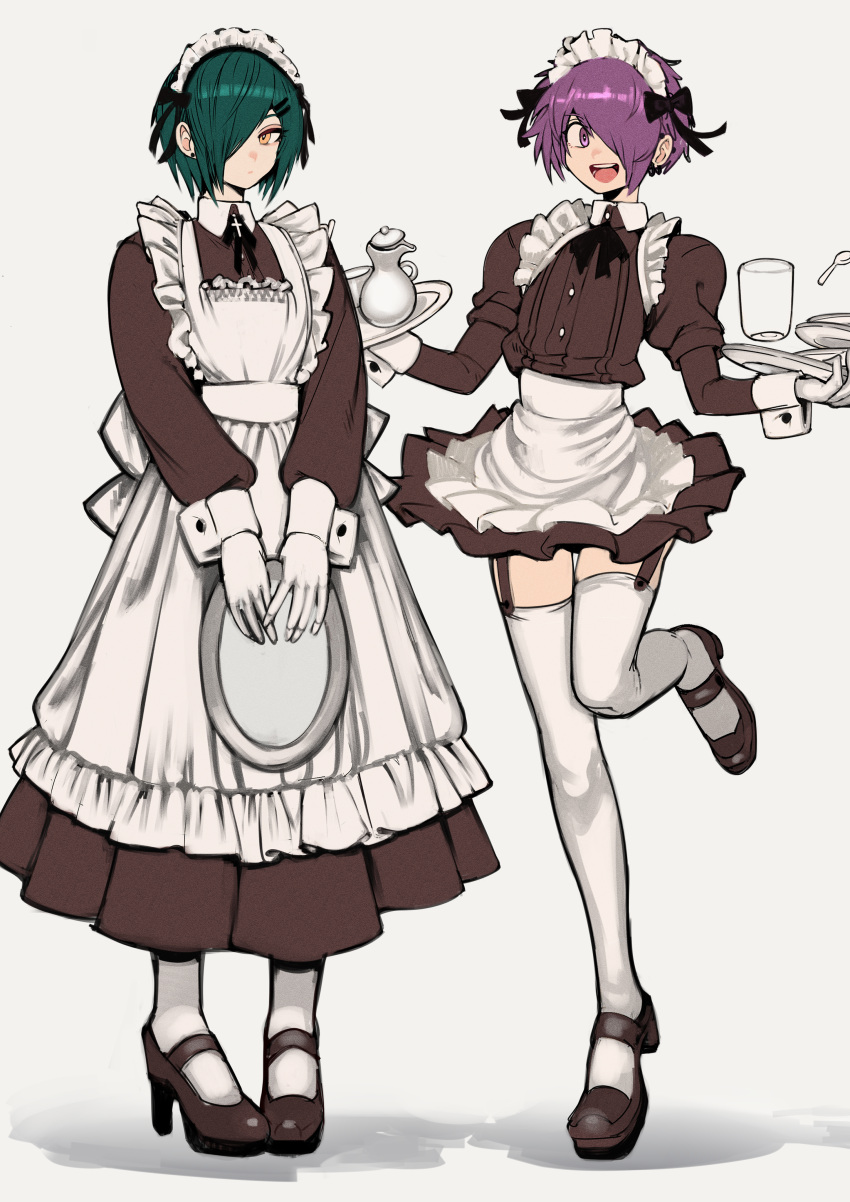 2boys 2n5 absurdres apron black_footwear black_ribbon borrowed_character closed_mouth crossdressing cup dress ear_piercing frilled_dress frilled_skirt frills full_body garter_straps gloves green_hair hair_ornament hair_over_one_eye hairpin highres holding holding_plate long_skirt maid maid_apron male_focus male_maid miniskirt multiple_boys open_mouth original otoko_no_ko piercing plate purple_hair ribbon simple_background skirt smile teapot teeth thigh-highs upper_teeth_only violet_eyes white_gloves white_thighhighs wrist_cuffs yellow_eyes