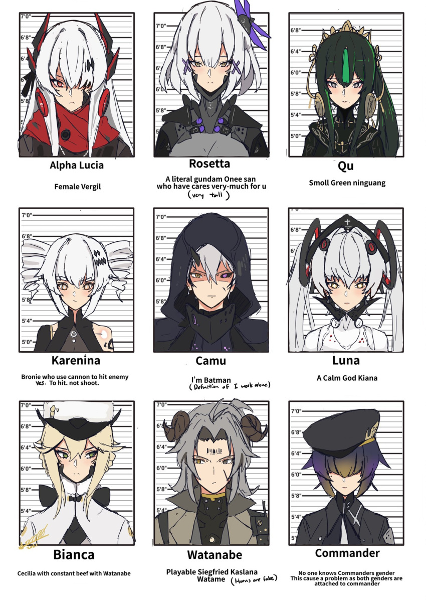 1other 2boys 6+girls ahoge alpha_(punishing:_gray_raven) barcode barcode_tattoo beret bianca:_zero_(punishing:_gray_raven) bianca_(punishing:_gray_raven) black_bodysuit black_bow black_coat black_dress black_hair black_horns black_jacket blonde_hair bodysuit bow camu_(punishing:_gray_raven) celinepizza character_name coat colored_sclera cross-shaped_pupils demon_horns dress drill_hair earrings english_commentary english_text floating_hair_ornament forehead_tattoo fur_collar fur_hat gradient_hair green_eyes green_hair grey_hair grey_jacket hair_between_eyes hair_intakes hair_ornament hair_over_eyes hair_over_one_eye hat headgear headphones heterochromia highres hood hooded_coat horns jacket jewelry long_hair looking_at_another looking_to_the_side lucia:_crimson_abyss_(punishing:_gray_raven) mechanical_arms mechanical_parts medium_hair military_hat military_uniform mismatched_sclera multicolored_hair multiple_boys multiple_girls orange_eyes papakha punishing:_gray_raven purple_hair qu_(punishing:_gray_raven) red_eyes red_scarf rosetta_(punishing:_gray_raven) scar scar_on_cheek scar_on_face scarf side_ponytail sidelocks single_horn single_mechanical_arm sleeveless sleeveless_dress symbol-shaped_pupils tattoo twin_drills twintails two-tone_hair uniform very_long_hair violet_eyes watanabe:_nightblade_(punishing:_gray_raven) watanabe_(punishing:_gray_raven) white_bodysuit white_hair white_jacket x_hair_ornament yellow_eyes