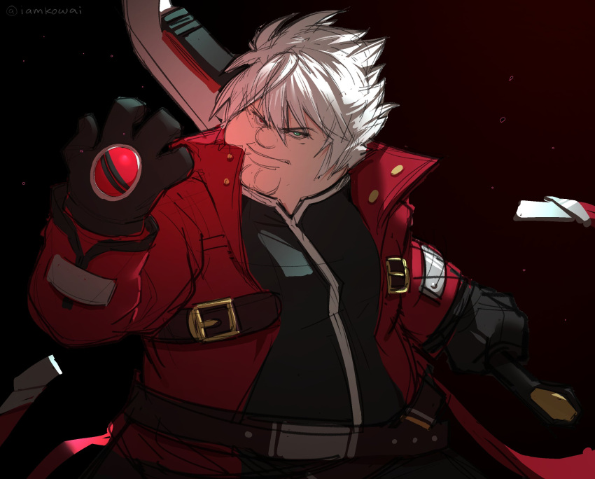 1boy black_gloves black_shirt blazblue cleft_chin closed_mouth coat cosplay family_guy fat fat_man gloves green_eyes hand_up heterochromia highres holding holding_sword holding_weapon kowai_(iamkowai) looking_at_viewer male_focus peter_griffin ragna_the_bloodedge ragna_the_bloodedge_(cosplay) red_coat red_eyes shirt short_hair solo spiky_hair sword weapon white_hair