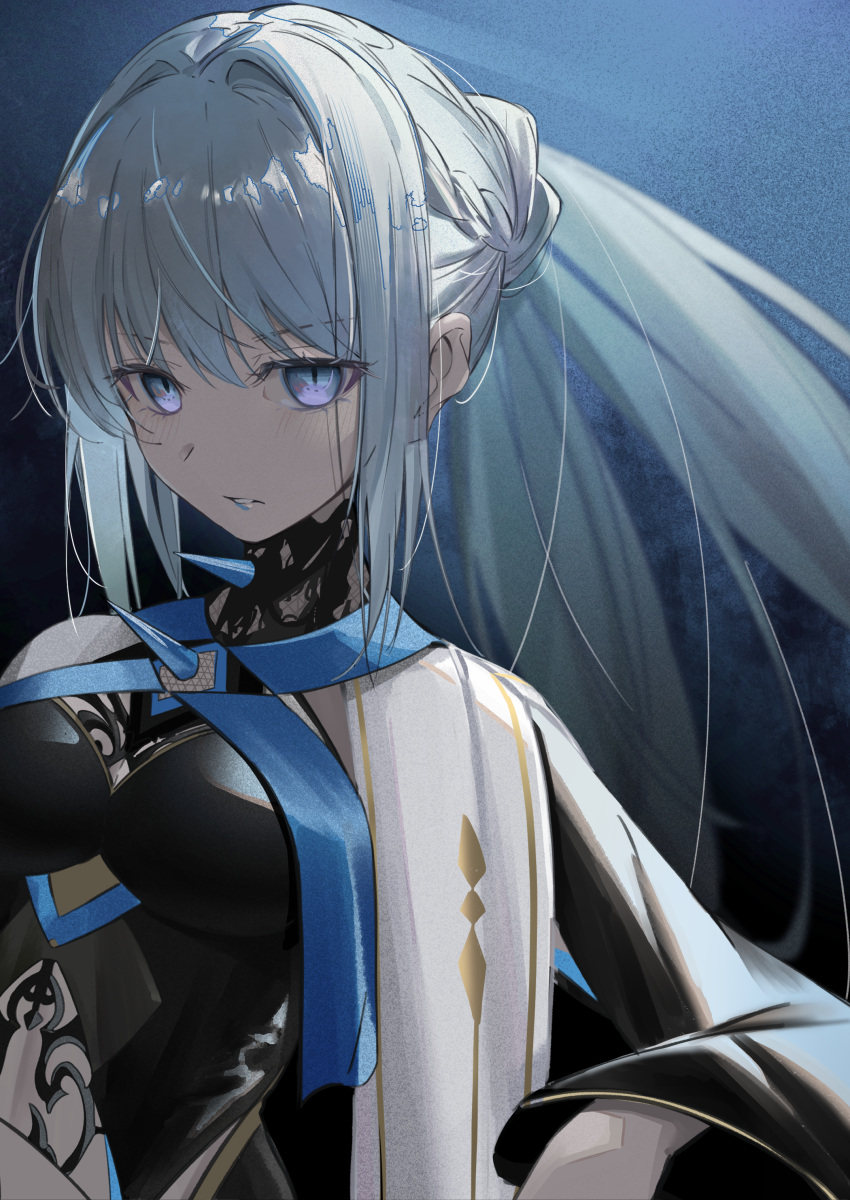 1girl absurdres black_dress blue_eyes blue_lips braid breasts capelet center_opening clothing_cutout crown dress fate/grand_order fate_(series) french_braid gloves grey_hair highres holding holding_staff large_breasts lipstick long_hair long_sleeves looking_at_viewer makeup morgan_le_fay_(fate) morgan_le_fay_(queen_of_winter)_(fate) multicolored_capelet ornament oyaji_hime ponytail sidelocks solo staff stomach_cutout striped_belt two-tone_dress very_long_hair white_hair wide_sleeves