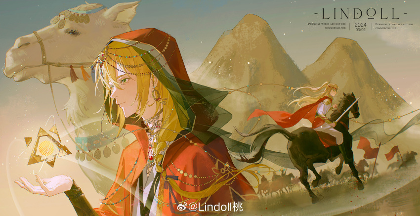 1boy absurdres alkaid_mcgrath armor army black_footwear blonde_hair boots braid camel cape chinese_clothes closed_mouth clouds earrings flag gold_collar green_eyes hair_between_eyes hair_over_shoulder half_updo head_chain headband highres holding holding_sword holding_weapon hood hood_up hooded_cape hoop_earrings horse horseback_riding jewelry lindoll long_hair long_sleeves looking_ahead looking_at_viewer looking_to_the_side lovebrush_chronicles male_focus mountain multiple_views necklace object_floating_above_hand pants parted_lips people red_cape red_headband riding shoulder_armor single_braid sky smile sword triangle tunic upper_body waist_cape weapon white_pants white_tunic