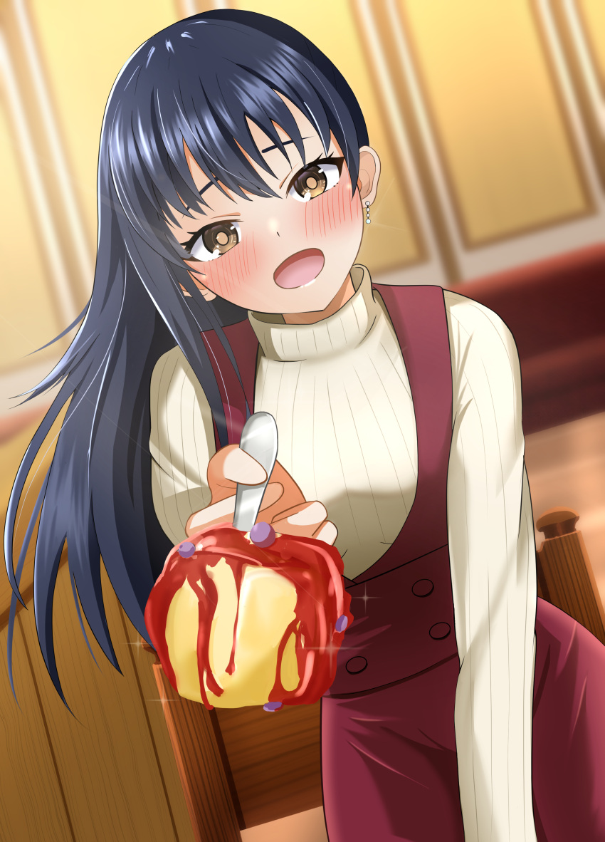 1girl absurdres black_hair blush boku_no_kokoro_no_yabai_yatsu brown_eyes dress earrings foreshortening highres holding holding_spoon incoming_food indoors jewelry long_hair looking_at_viewer milletfly open_mouth red_dress ribbed_sweater solo spoon sweater sweater_under_dress turtleneck turtleneck_sweater white_sweater yamada_anna