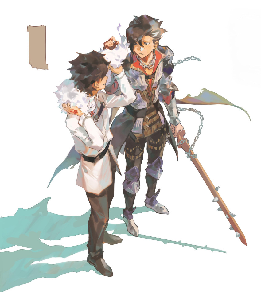 2boys armor armored_boots black_hair black_pants boots chain_necklace chaldea_uniform command_spell creature creature_on_shoulder fate/grand_order fate_(series) fou_(fate) fujimaru_ritsuka_(male) hair_between_eyes hair_over_one_eye highres holding jacket jewelry kalak_39 long_sleeves male_focus mandricardo_(fate) multicolored_hair multiple_boys necklace on_shoulder pants shadow shirt short_hair streaked_hair sword vambraces weapon white_hair wooden_sword