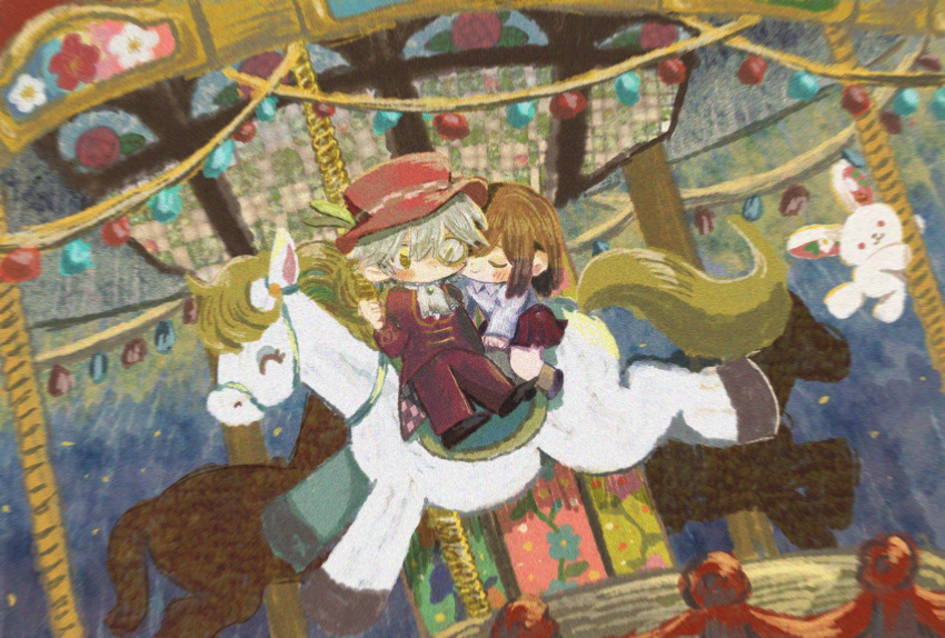 1boy 1girl ascot ayazuki_mei black_footwear blush_stickers boots brooch brown_eyes brown_footwear brown_hair carousel checkered_clothes checkered_jacket chibi closed_eyes closed_mouth collared_shirt commentary_request dutch_angle flower full_body gem green_gemstone half-closed_eye hat hat_flower heads_together hetero highres hishida_shunsou holding horse jacket jewelry lapels long_sleeves medium_hair meiji_tokyo_renka miniskirt monocle night no_mouth outdoors pants pleated_skirt rabbit red_hat red_jacket red_pants red_skirt red_sleeves red_suit riding round_eyewear shirt shoes short_hair sitting skirt sleeves_past_wrists smile sugi_haeru suit top_hat two-sided_fabric two-sided_jacket v-shaped_eyes white_ascot white_hair white_shirt white_sleeves yellow-framed_eyewear