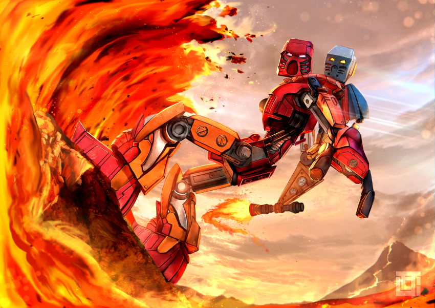 absurdres bionicle clouds cloudy_sky flaming_sword flaming_weapon highres holding holding_sword holding_weapon humanoid_robot kanohi_(bionicle) kozsen_810290 lava mask pink_eyes robot rock sky solo_focus sunlight surfing sword tahu_(bionicle) takua_(bionicle) the_lego_group volcano waves weapon yellow_eyes