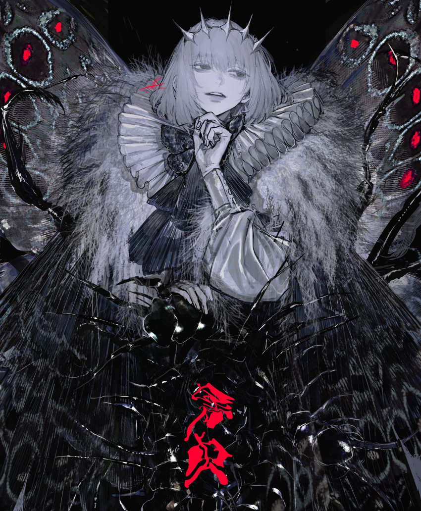 1boy au_(d_elete) butterfly_wings cape diamond_hairband empty_eyes fate/grand_order fate_(series) frills fur-trimmed_cape fur_trim greyscale hand_on_own_chin highres insect_wings light_smile looking_to_the_side male_focus medium_hair monochrome oberon_(fate) parted_lips solo spot_color teeth upper_body upper_teeth_only wings