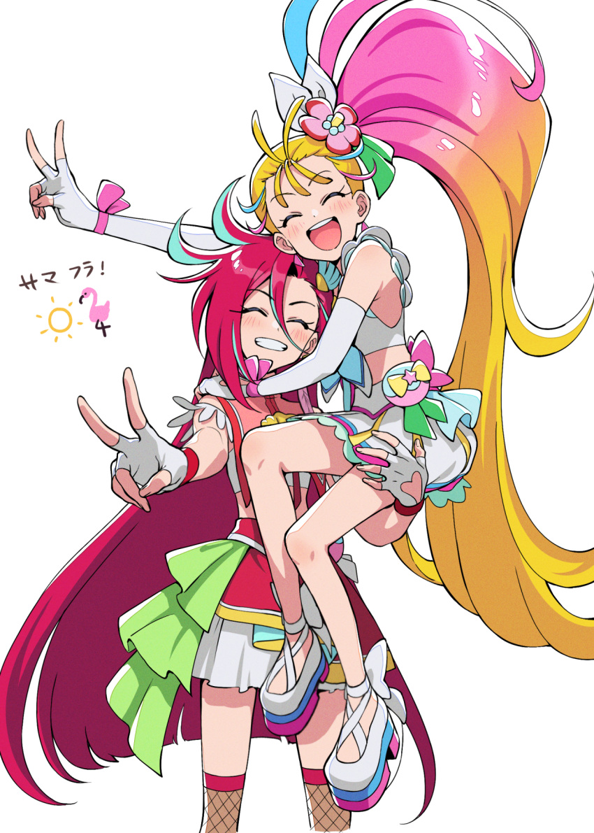 2girls ankle_bow aqua_hair bare_legs bird blonde_hair blue_hair bow carrying character_name closed_eyes cure_flamingo cure_summer dot_nose elbow_gloves facing_viewer fishnet_thighhighs fishnets flamingo flower gloves gradient_hair grin hair_flower hair_ornament highres legs_apart long_hair magical_girl midriff multicolored_hair multiple_girls natsuumi_manatsu open_mouth pink_bow pink_hair pouch precure redhead shoes side_ponytail skirt smile standing streaked_hair sun takizawa_asuka thigh-highs tropical-rouge!_precure two-tone_hair v very_long_hair white_background white_bow white_footwear white_gloves white_skirt yuzu_sato zettai_ryouiki