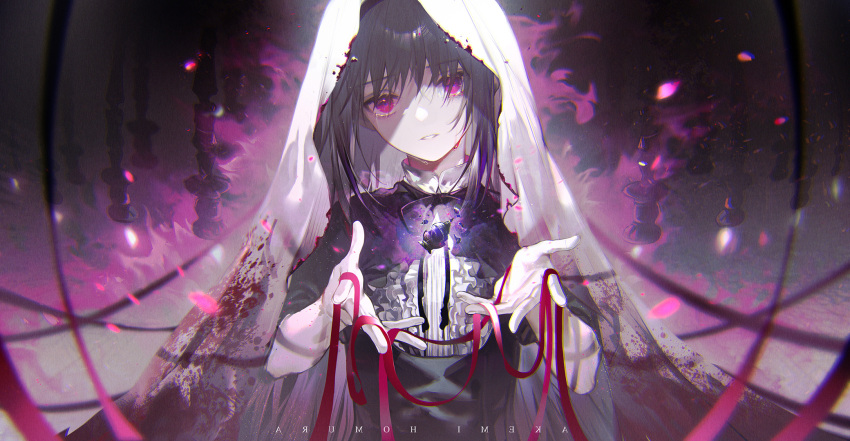 1girl akemi_homura akemi_homura_(black_dress) bai_qi-qsr black_hair black_ribbon blood blood_on_clothes character_name chinese_commentary collared_shirt commentary_request crying crying_with_eyes_open dress floating funeral_dress highres homulilly long_hair mahou_shoujo_madoka_magica mahou_shoujo_madoka_magica_(anime) mixed-language_commentary open_hands pale_skin parted_lips red_ribbon ribbon shaded_face shirt short_sleeves solo tears veil violet_eyes