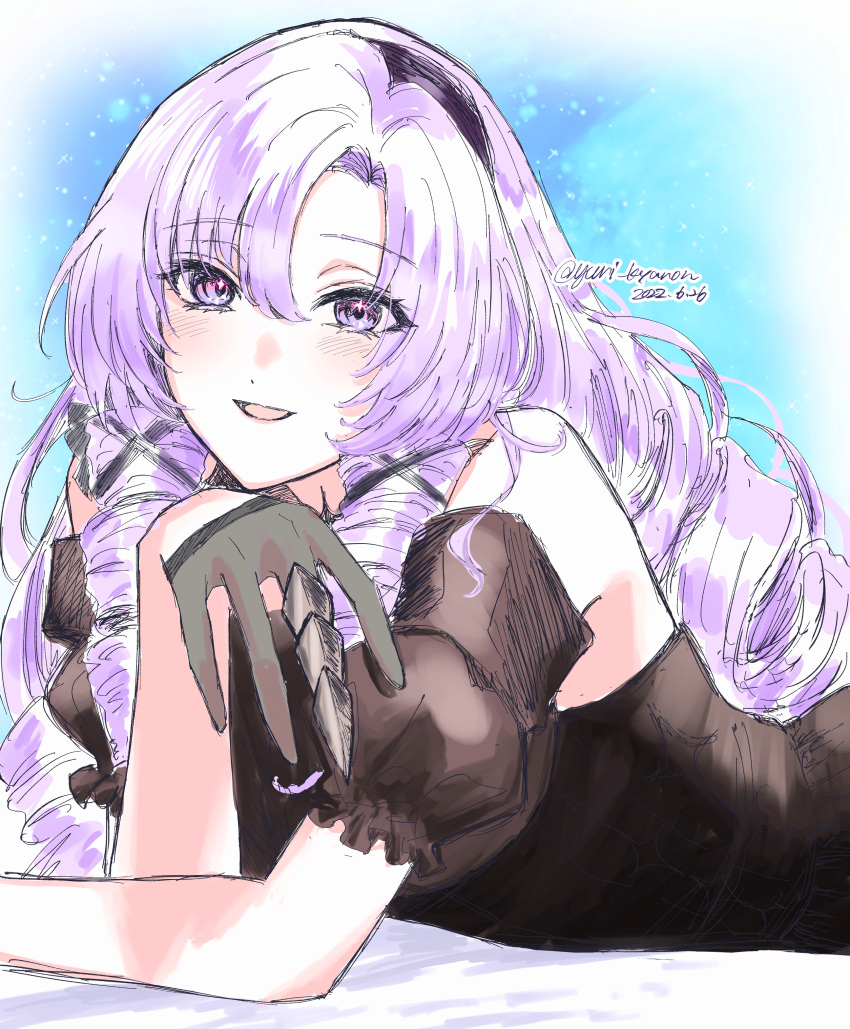 1girl absurdres black_dress black_gloves black_hairband blue_background blush claw_ring commentary_request dated dress drill_hair gloves hairband half_gloves highres hyakumantenbara_salome long_hair looking_at_viewer lying nijisanji off-shoulder_dress off_shoulder on_stomach parted_lips purple_hair smile solo sparkle twitter_username upper_body violet_eyes virtual_youtuber yuri_kyanon