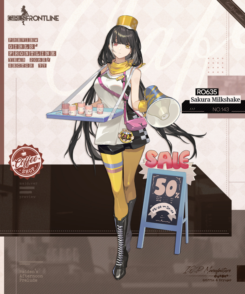 1girl apron artist_request bag bandana bandana_around_neck black_background black_dress black_footwear black_hair boots breasts brown_background chalkboard_sign character_name closed_mouth commentary copyright_name cross-laced_footwear cup disposable_cup dress english_commentary english_text expressionless full_body girls_frontline gloves handbag hat heterochromia high_heel_boots high_heels highres holding holding_megaphone holding_tray kepi knee_boots lace-up_boots large_breasts long_hair looking_at_viewer low_twintails megaphone military_hat multicolored_background multicolored_hair official_alternate_costume official_art pink_bag promotional_art red_eyes ro635_(girls'_frontline) ro635_(sakura_milkshake)_(girls'_frontline) sale second-party_source short_dress simple_background sleeveless sleeveless_dress standing streaked_hair thigh-highs tray twintails very_long_hair waitress white_apron white_background white_hair yellow_bandana yellow_eyes yellow_gloves yellow_hat yellow_thighhighs