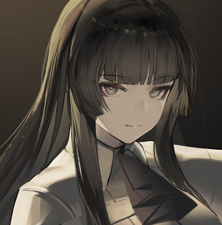 1girl arknights ascot black_ascot black_hair blunt_bangs bright_pupils brown_hair close-up closed_mouth collared_jacket colored_inner_hair grey_eyes highres hime_cut hiyaori_(hiyahiyaval) jacket light_smile long_hair looking_at_viewer multicolored_hair portrait shade sidelocks solo straight_hair two-tone_hair virtuosa_(arknights) white_jacket white_pupils wing_collar