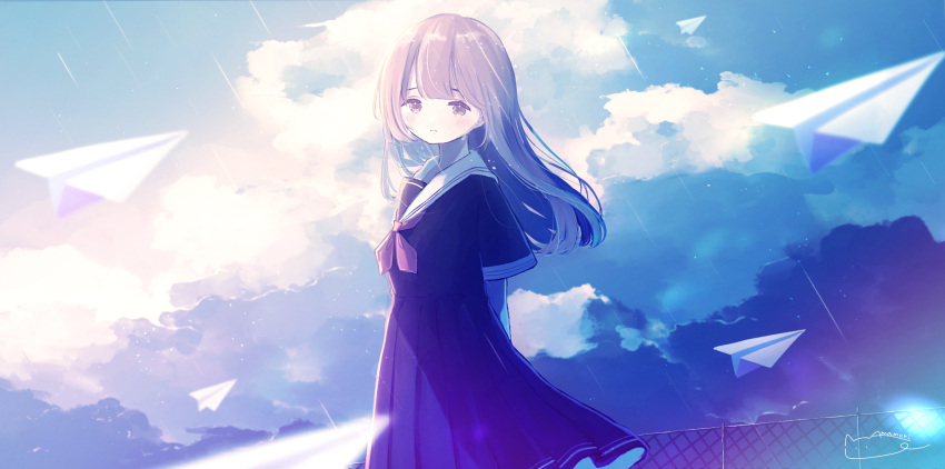 1girl amenomori_howa blue_sky closed_mouth clouds cloudy_sky crying crying_with_eyes_open day dress highres long_hair long_sleeves looking_at_viewer origami original outdoors paper paper_airplane puffy_sleeves purple_dress purple_hair sad sailor_collar scenery school_uniform short_sleeves sky solo tears