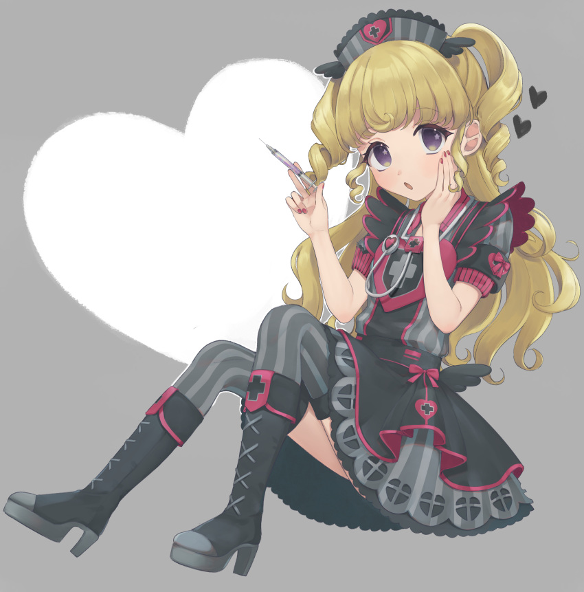 1girl absurdres armband bad_id bad_twitter_id black_dress black_footwear blonde_hair boots cross-laced_footwear dress full_body grey_thighhighs hand_on_own_cheek hand_on_own_face hat high_heel_boots high_heels highres holding holding_syringe idol_clothes idol_time_pripara knee_boots knees_up long_hair looking_at_viewer nail_polish nurse nurse_cap open_mouth pretty_series pripara red_nails ringlets shiyurinpu short_sleeves sitting solo stethoscope syringe thigh-highs two_side_up violet_eyes yumekawa_yui
