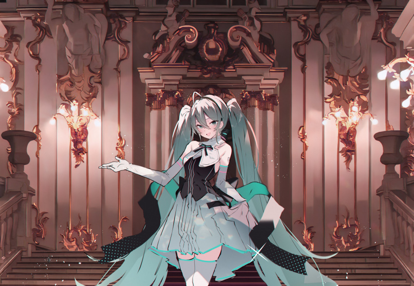 1girl :d ahoge aqua_eyes aqua_hair aqua_skirt bare_shoulders black_bow black_ribbon black_shirt blush bow elbow_gloves gloves hand_up hatsune_miku highres holding holding_clothes holding_skirt indoors long_hair looking_at_viewer open_mouth ribbon shirt skirt sleeveless sleeveless_shirt smile solo soukou_makura stairs standing thigh-highs twintails very_long_hair vocaloid white_gloves white_thighhighs zettai_ryouiki