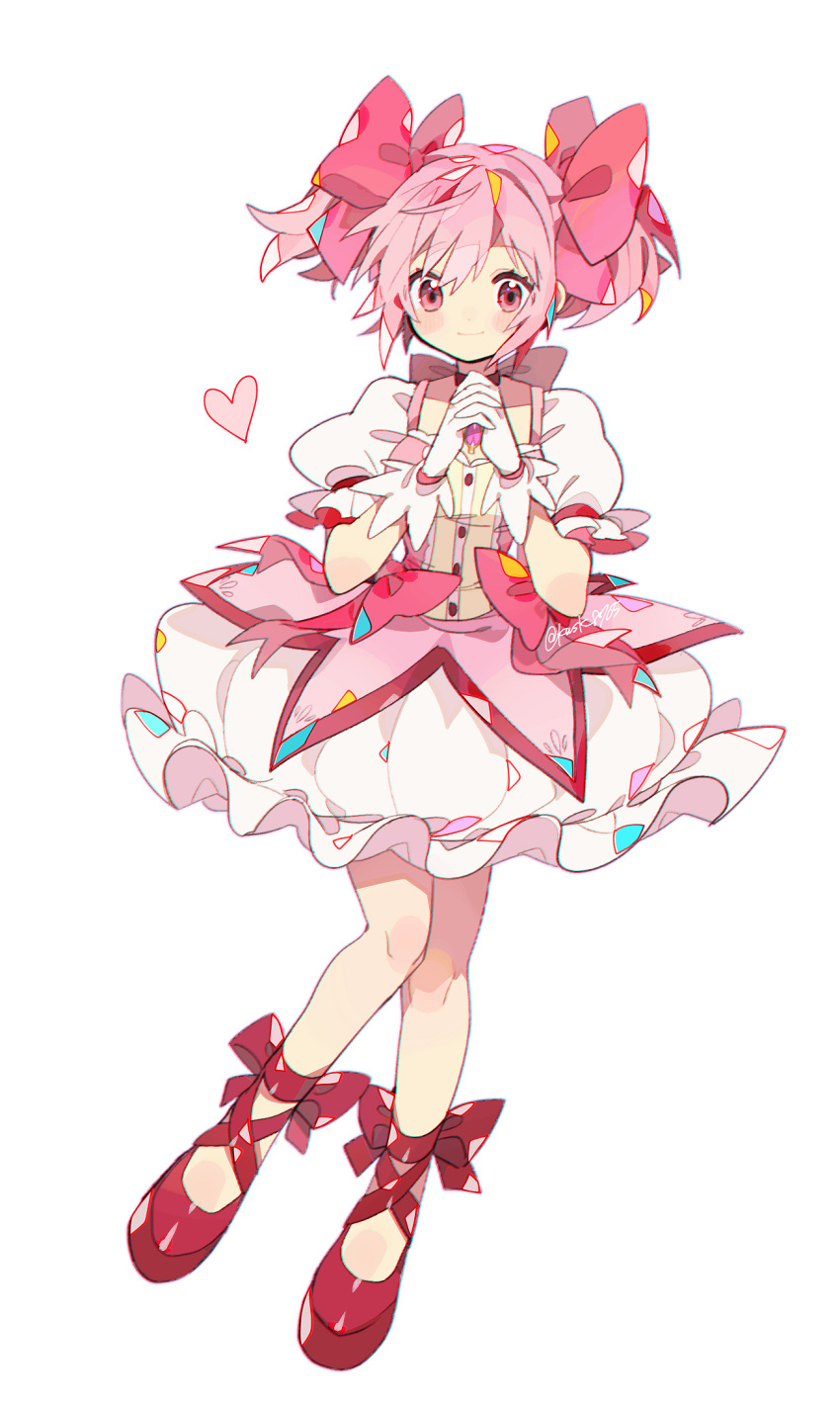 1girl ankle_bow blush_stickers bow bubble_skirt closed_mouth full_body gloves hair_bow heart highres interlocked_fingers kaname_madoka kawasaki_(kwsk_8765) knees_together_feet_apart looking_at_viewer magical_girl mahou_shoujo_madoka_magica mahou_shoujo_madoka_magica_(anime) own_hands_together pink_bow pink_eyes pink_hair puffy_short_sleeves puffy_sleeves red_bow red_footwear short_sleeves short_twintails simple_background skirt solo soul_gem twintails twitter_username white_background white_gloves