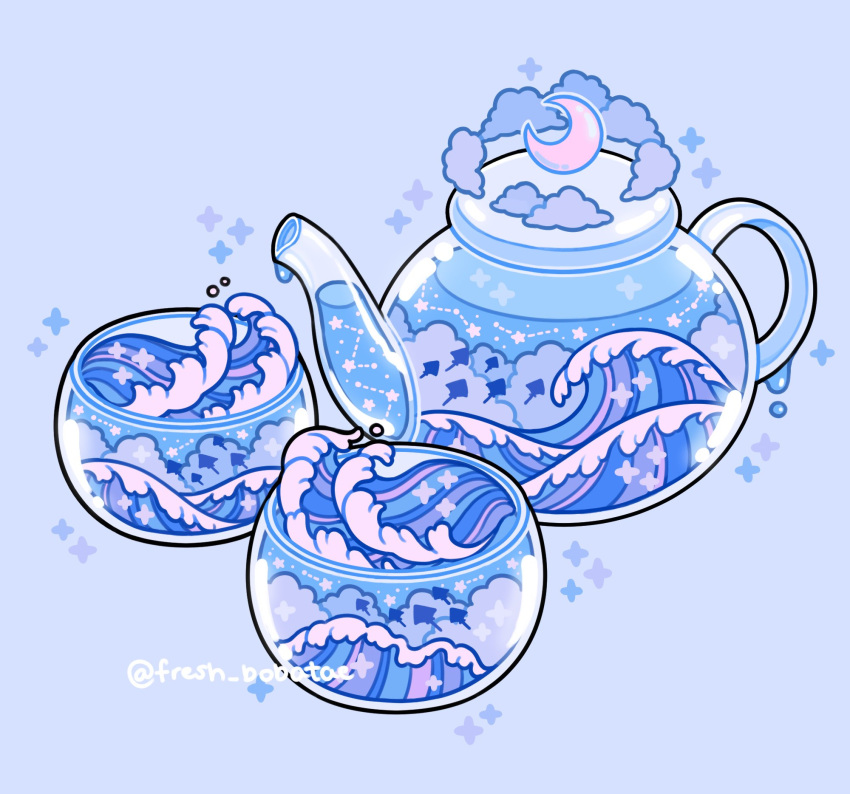 blue_background blue_clouds blue_theme clouds constellation crescent_moon cup emily_kim highres manta_ray monochrome moon no_humans ocean original pastel_colors simple_background sparkle teapot twitter_username waves
